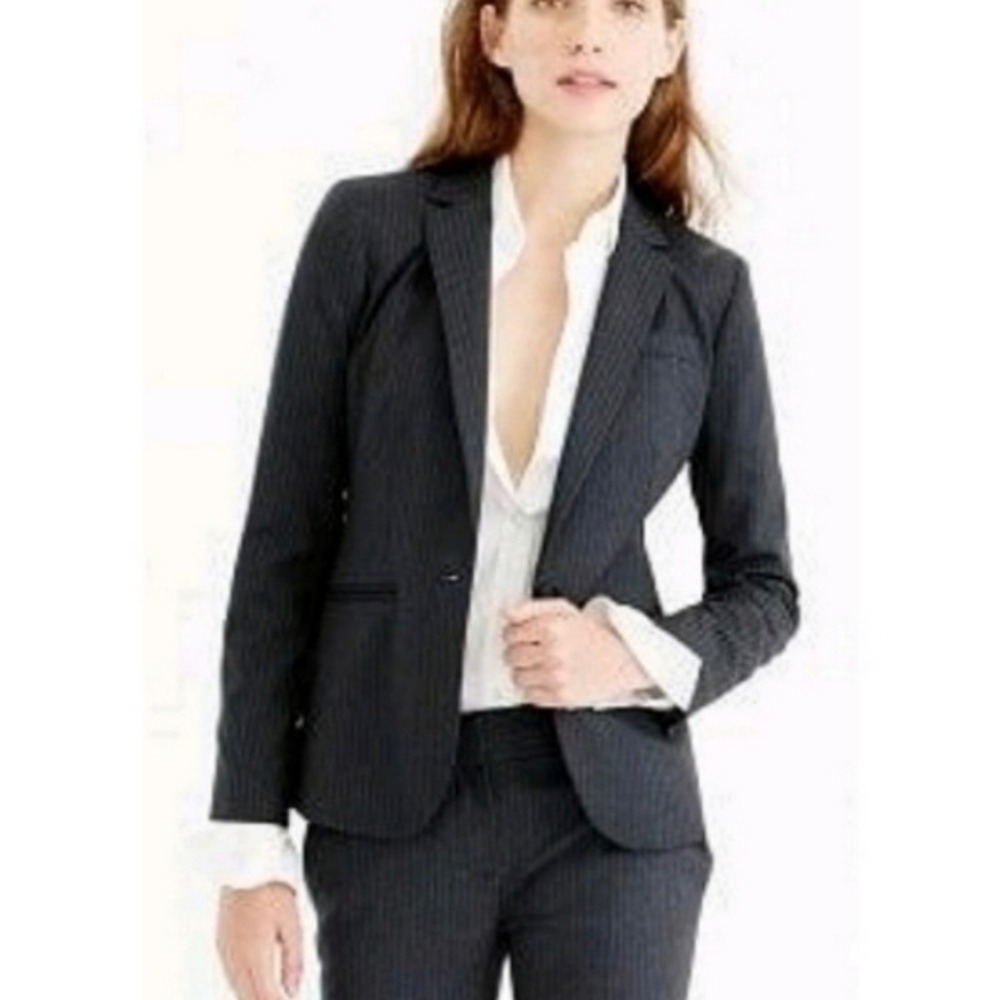Y2K J.Crew Super 120s‎ 100% Wool Pinstripe Blazer Jacket Charcoal Grey Size 4